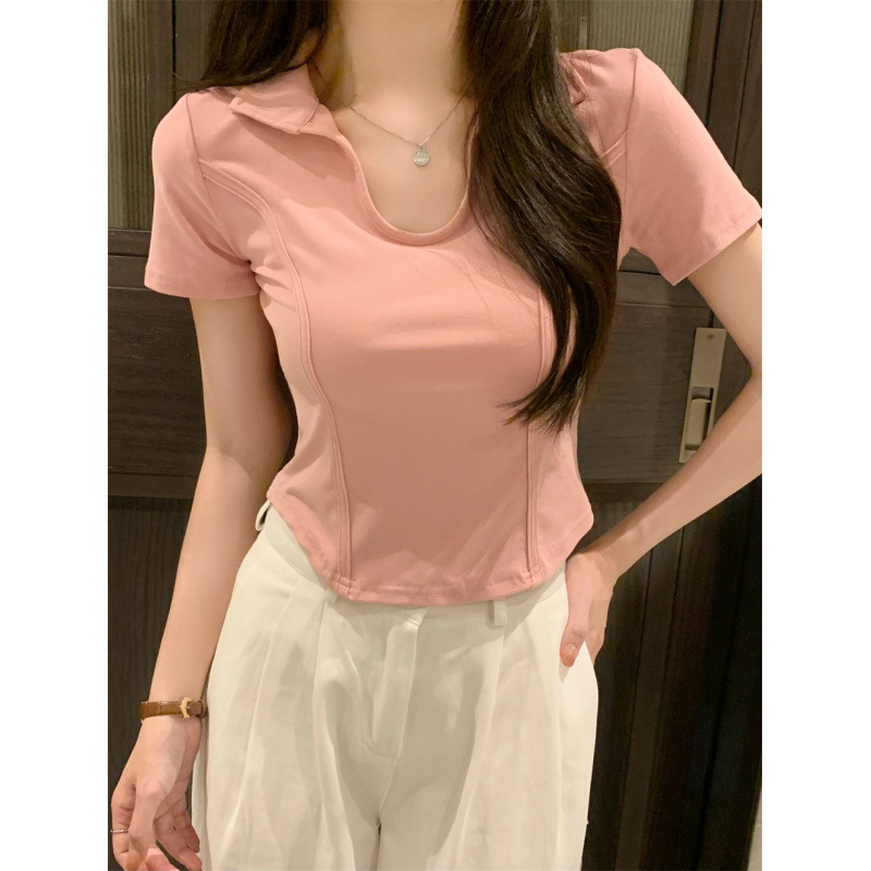 Ženski T-shirt s kratkim rukavom i polo ovratnikom, patchwork dizajn, korejski stil, 90–95% pamuk, 5–10% elastan, 210 g, ljeto 2026