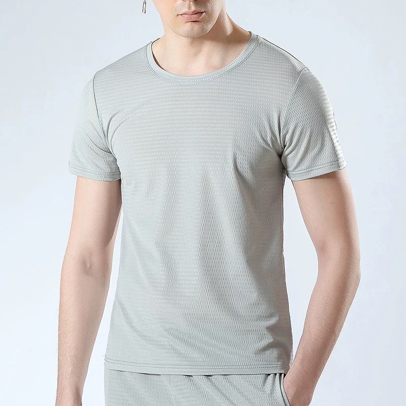 Tricou bărbați cu mânecă scurtă din ice silk, uscare rapidă, respirabil, croială lejeră, culoare solidă, pentru sport și timp liber