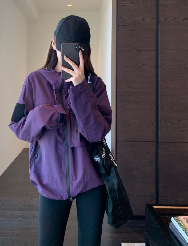 Geacă damă cu glugă pentru exterior, softshell, design color-block, fermoar frontal, croială lejeră, poliester