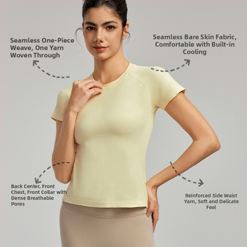 Tricou de yoga pentru femei, material răcoritor, guler rotund, croială slim, mâneci scurte, ideal pentru antrenament și yoga