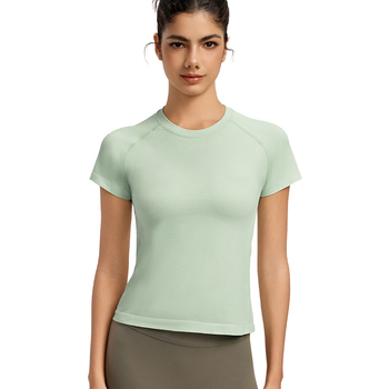 Tricou de yoga pentru femei, material răcoritor, guler rotund, croială slim, mâneci scurte, ideal pentru antrenament și yoga