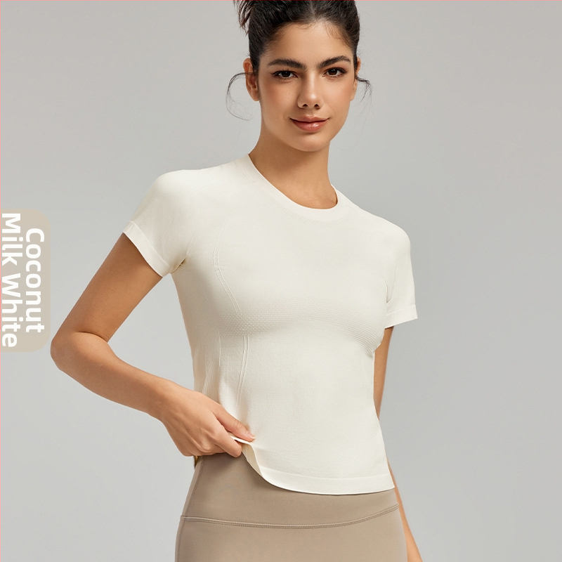 Tricou de yoga pentru femei, material răcoritor, guler rotund, croială slim, mâneci scurte, ideal pentru antrenament și yoga