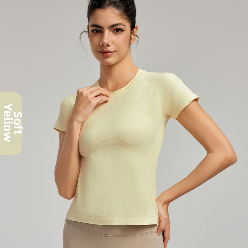 Tricou de yoga pentru femei, material răcoritor, guler rotund, croială slim, mâneci scurte, ideal pentru antrenament și yoga