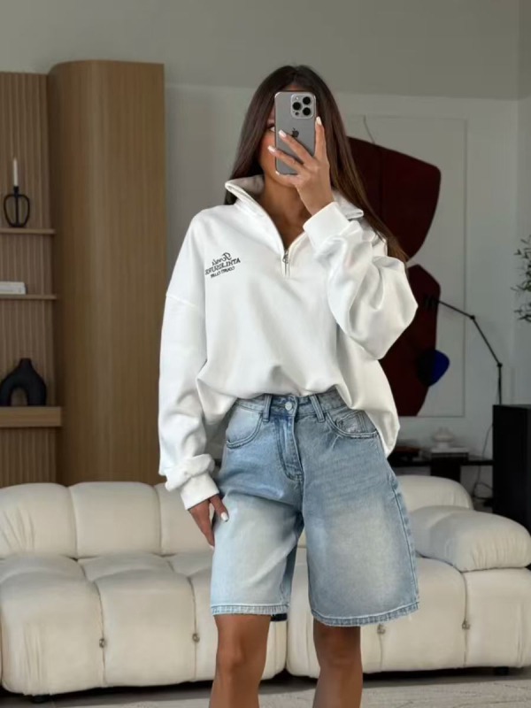Γυναικείο φούτερ με εκτύπωση γραμμάτων, casual-αθλητικό στυλ, με κουκούλα, γιακά polo και μισό φερμουάρ, 2025 φθινόπωρο-χειμώνας, ευρωπαϊκό-αμερικανικό street style, παχύ ύφασμα