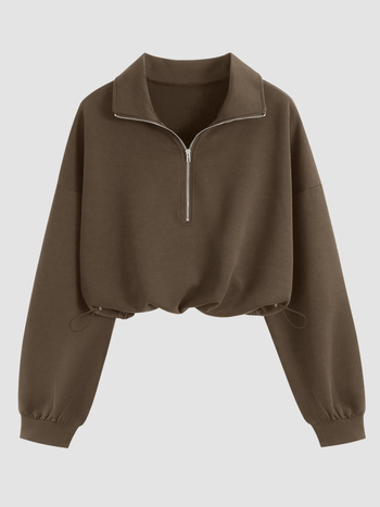 Ženski dukserica s kapuljom i poluzipom, gradski stil, sportski ležerni model, jednobojna boja, dugi rukavi
