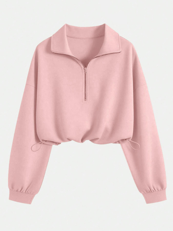 Ženski dukserica s kapuljom i poluzipom, gradski stil, sportski ležerni model, jednobojna boja, dugi rukavi