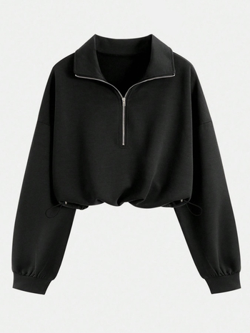 Ženski dukserica s kapuljom i poluzipom, gradski stil, sportski ležerni model, jednobojna boja, dugi rukavi