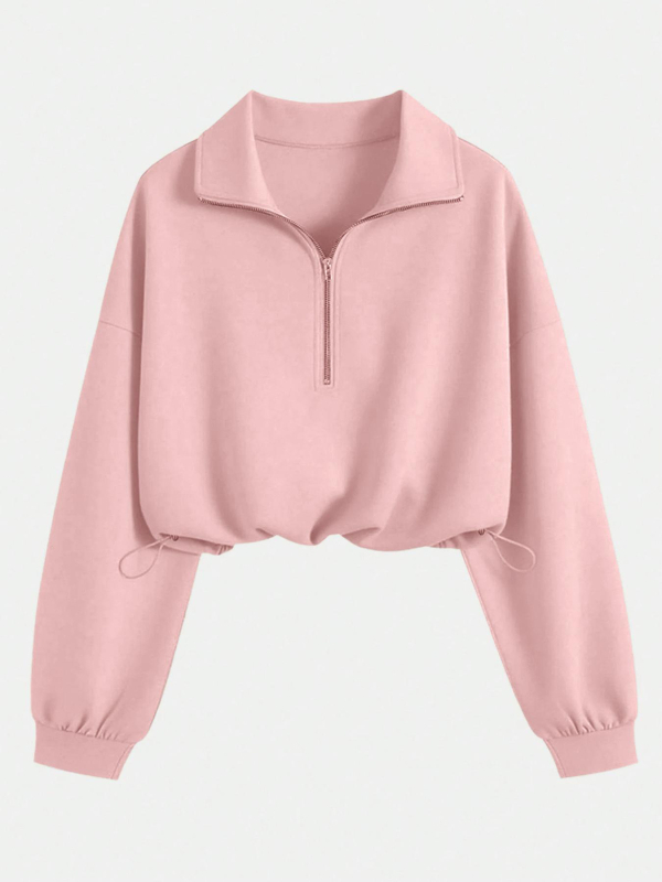 Ženski dukserica s kapuljom i poluzipom, gradski stil, sportski ležerni model, jednobojna boja, dugi rukavi