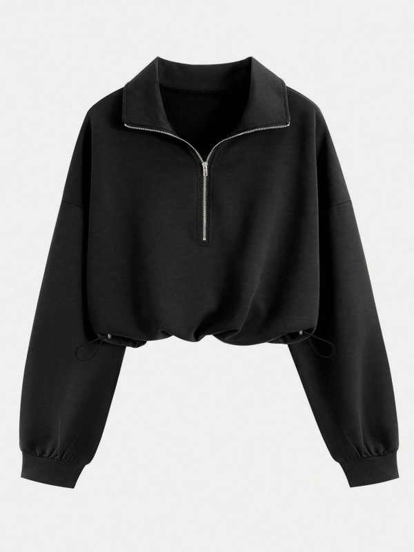 Ženski dukserica s kapuljom i poluzipom, gradski stil, sportski ležerni model, jednobojna boja, dugi rukavi