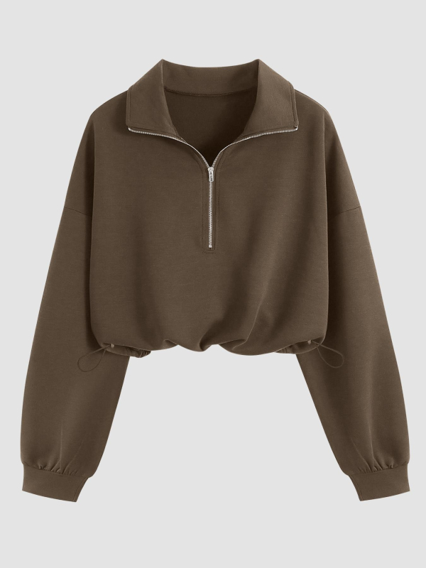 Ženski dukserica s kapuljom i poluzipom, gradski stil, sportski ležerni model, jednobojna boja, dugi rukavi