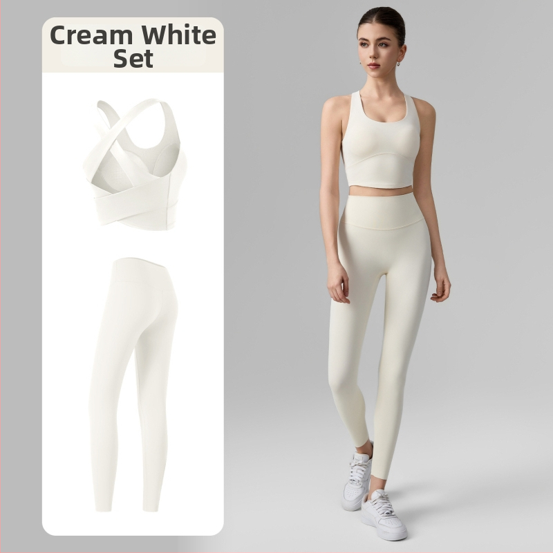 Női két darabos fitnesz készlet: keresztezett kivágású hátsó sportmelltartó és cropped jóganadrág, légáteresztő anyag