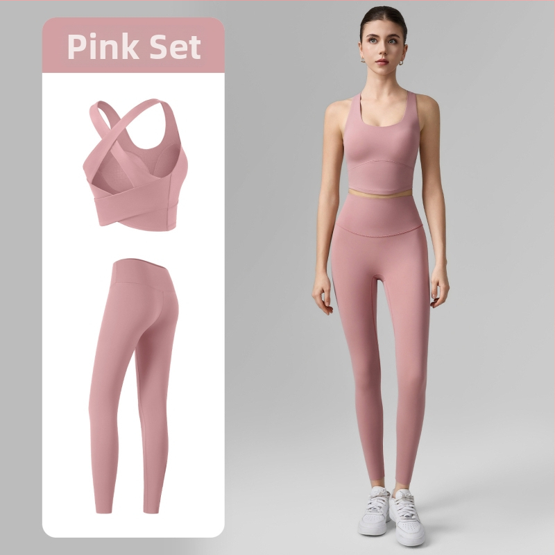 Női két darabos fitnesz készlet: keresztezett kivágású hátsó sportmelltartó és cropped jóganadrág, légáteresztő anyag
