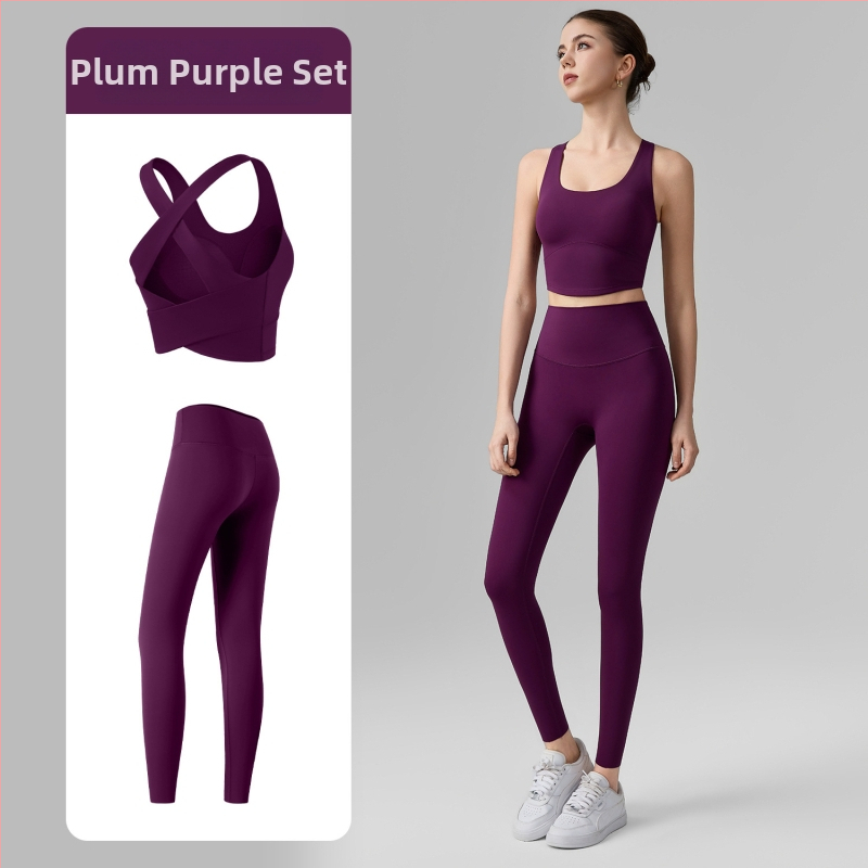 Női két darabos fitnesz készlet: keresztezett kivágású hátsó sportmelltartó és cropped jóganadrág, légáteresztő anyag