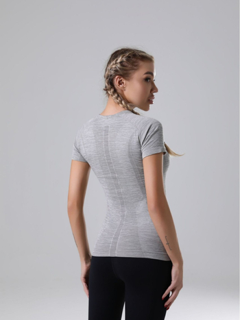 Tricou de yoga din nailon, mâneci scurte, croială strânsă, fără cusături, respirabil, uscare rapidă, pentru antrenament și purtare zilnică