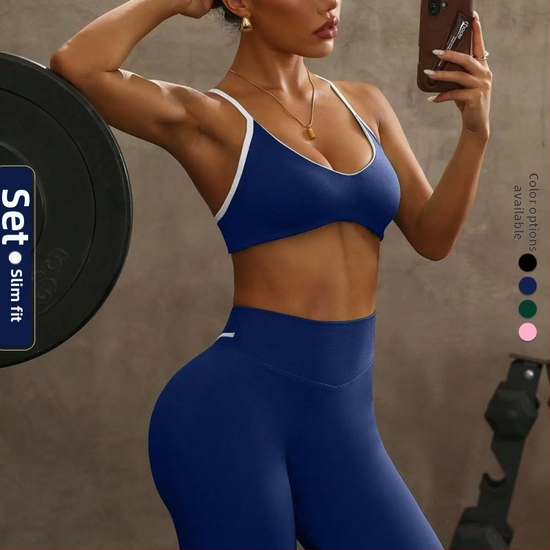 Dámsky bezšvový športový set s U výstrihom, krížovým chrbtom, vysokým pásom, spevnenie zadku, na fitness a beh, dvojdielny