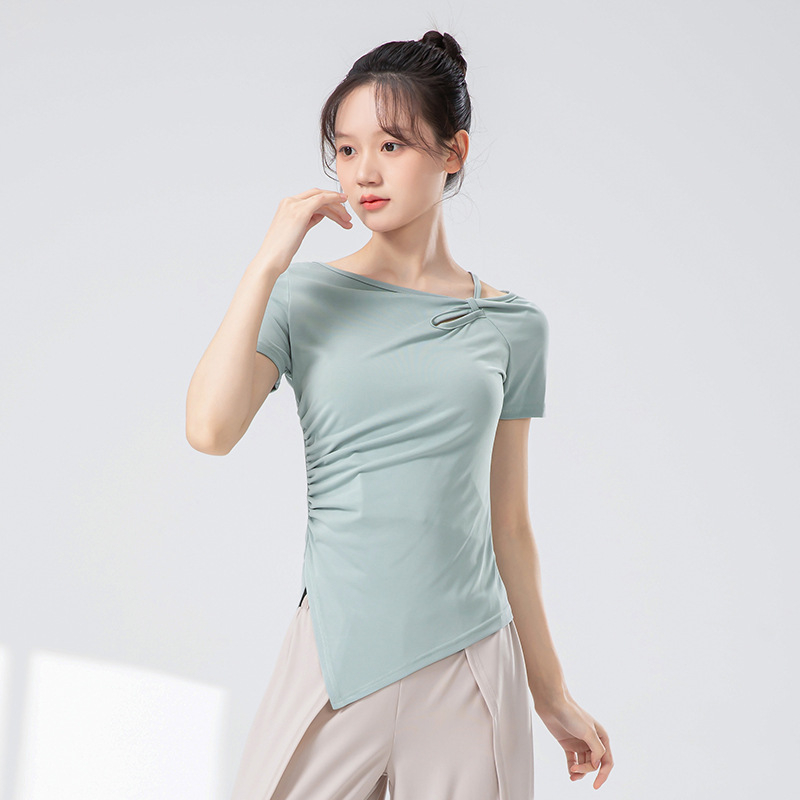 Ženski top za klasični kineski ples, kratki rukav, prorezani uzorci, od Copper-Ammonia Silk