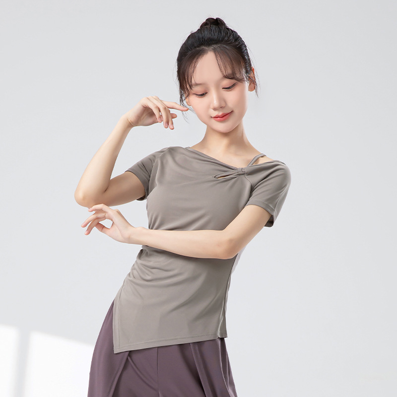 Ženski top za klasični kineski ples, kratki rukav, prorezani uzorci, od Copper-Ammonia Silk