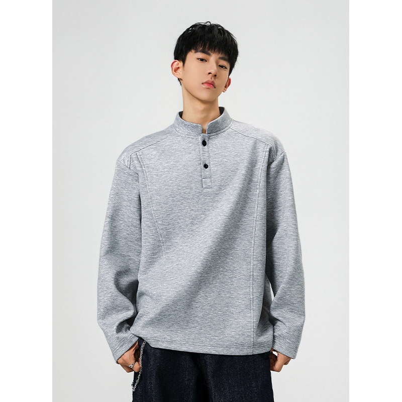Ανδρικό Henley με βαριά ύφανση, μακριά μανίκια, fleece επένδυση, patchwork σε αποσπασματικό σχέδιο για φθινόπωρο-χειμώνα