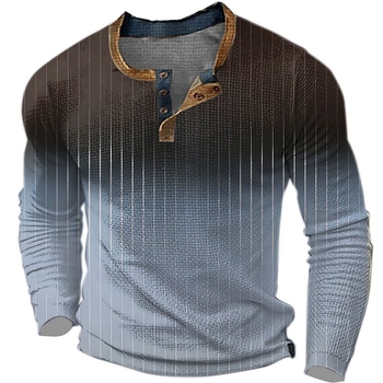 Férfi Henley pulóver 3D-s fejnyomtatással, hosszú ujjú, háromgombos zárás