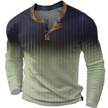 Férfi Henley pulóver 3D-s fejnyomtatással, hosszú ujjú, háromgombos zárás