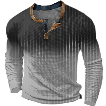 Férfi Henley pulóver 3D-s fejnyomtatással, hosszú ujjú, háromgombos zárás