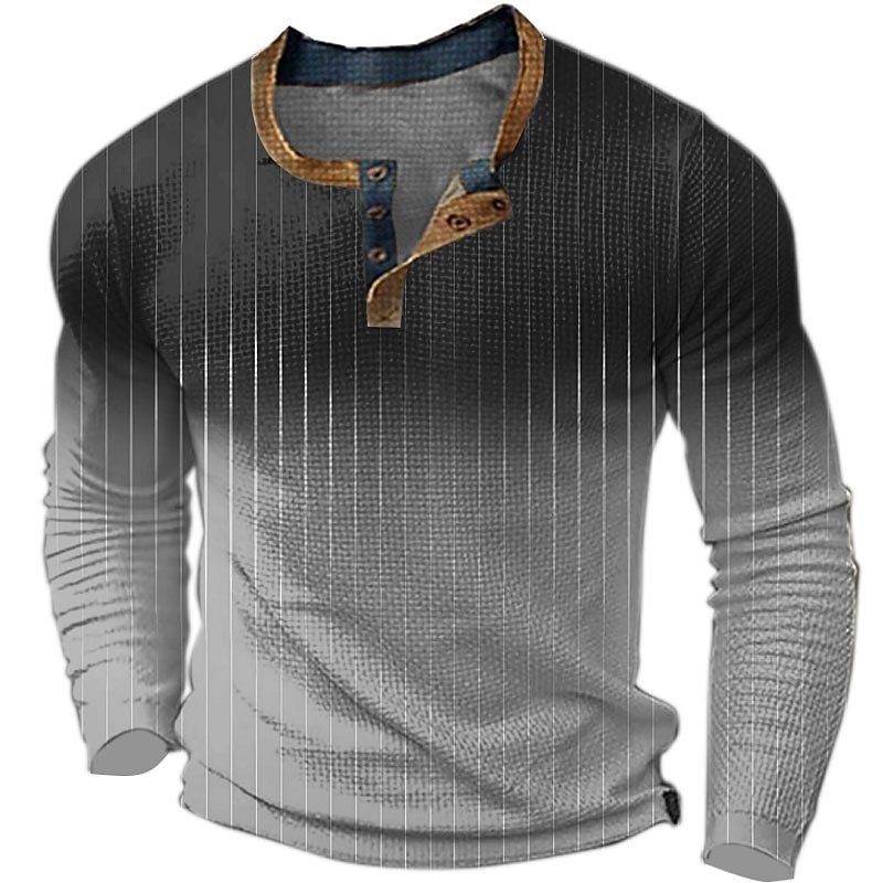 Férfi Henley pulóver 3D-s fejnyomtatással, hosszú ujjú, háromgombos zárás