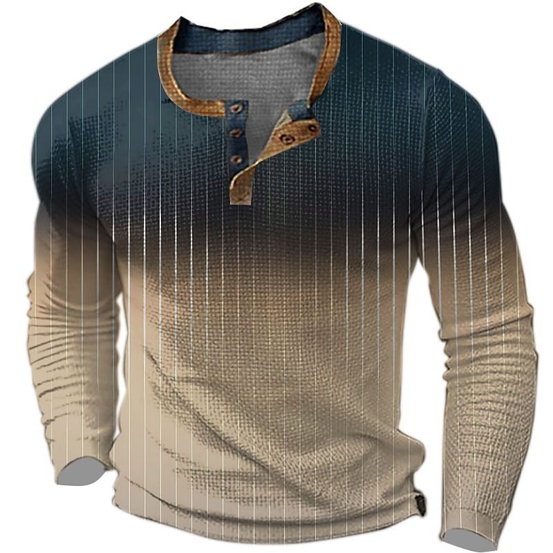 Férfi Henley pulóver 3D-s fejnyomtatással, hosszú ujjú, háromgombos zárás