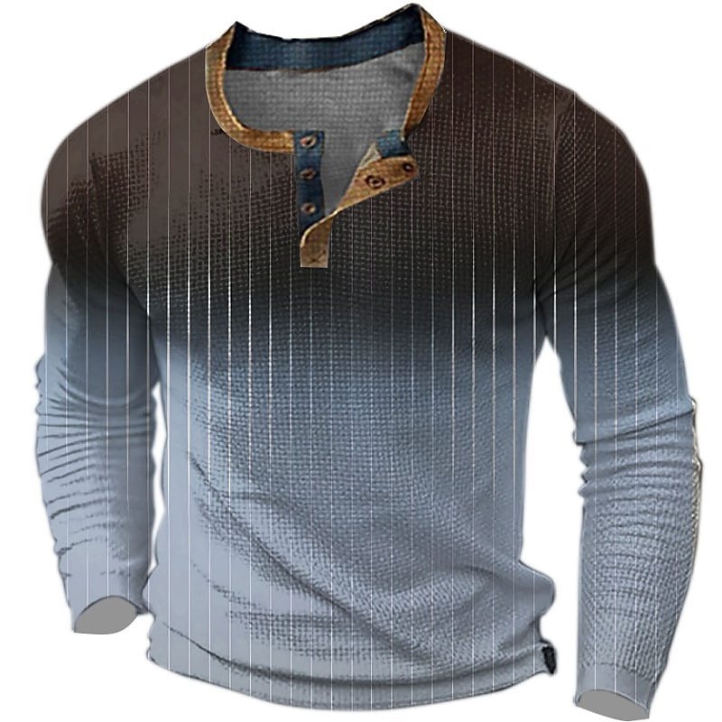 Férfi Henley pulóver 3D-s fejnyomtatással, hosszú ujjú, háromgombos zárás