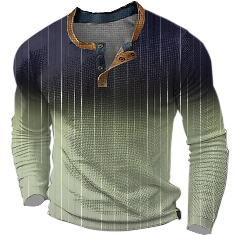 Férfi Henley pulóver 3D-s fejnyomtatással, hosszú ujjú, háromgombos zárás