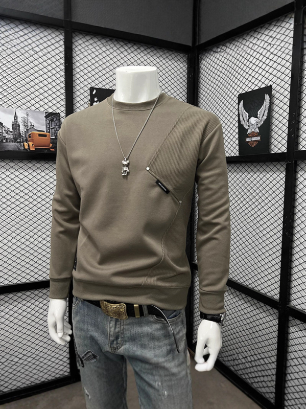 Férfi őszi-téli patchwork hosszú ujjú pulóver, laza szabás, koreai streetwear, mindennapi alapdarab