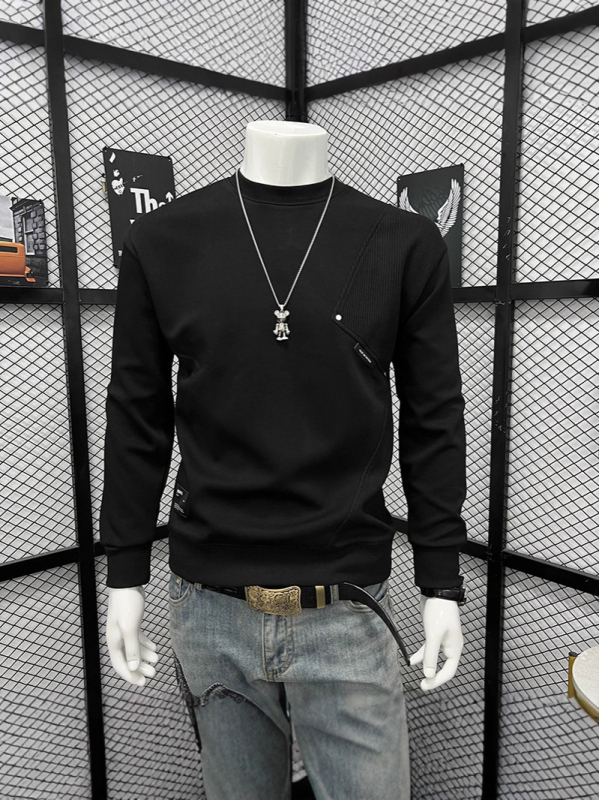 Férfi őszi-téli patchwork hosszú ujjú pulóver, laza szabás, koreai streetwear, mindennapi alapdarab