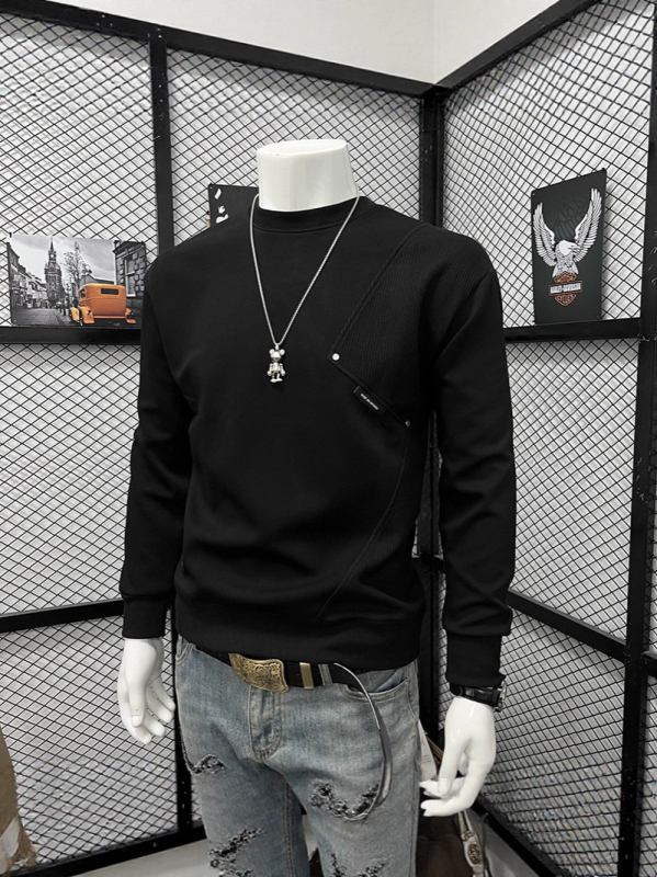 Férfi őszi-téli patchwork hosszú ujjú pulóver, laza szabás, koreai streetwear, mindennapi alapdarab