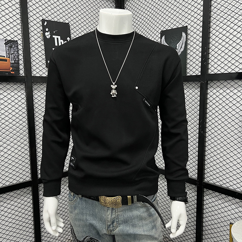 Férfi őszi-téli patchwork hosszú ujjú pulóver, laza szabás, koreai streetwear, mindennapi alapdarab