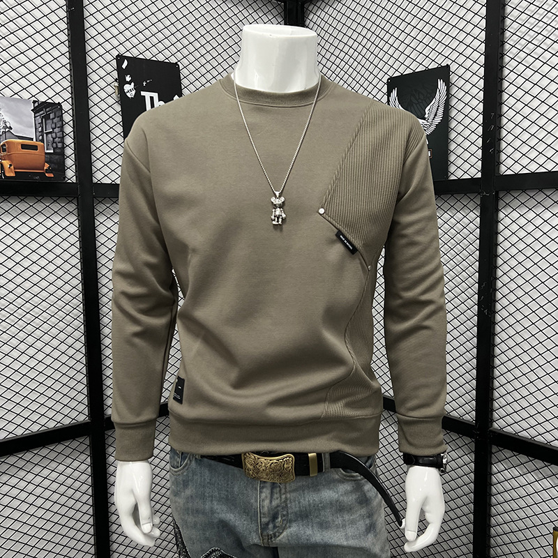 Férfi őszi-téli patchwork hosszú ujjú pulóver, laza szabás, koreai streetwear, mindennapi alapdarab