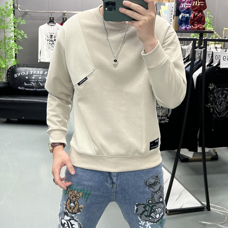 Férfi őszi-téli patchwork hosszú ujjú pulóver, laza szabás, koreai streetwear, mindennapi alapdarab