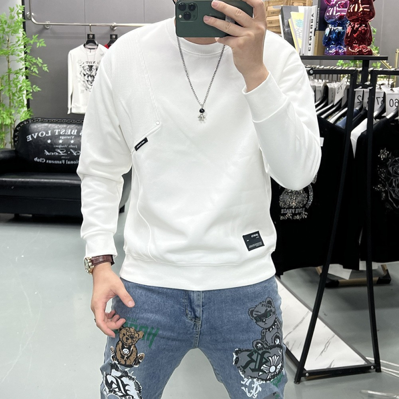 Férfi őszi-téli patchwork hosszú ujjú pulóver, laza szabás, koreai streetwear, mindennapi alapdarab