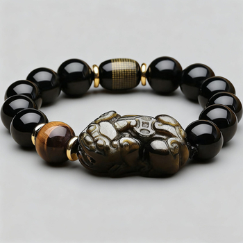 Prirodni zlatni obsidijan Pixiu narukvica s Buddha perlama, cilindrične perle s natpisima i tigrovim okom, unisex