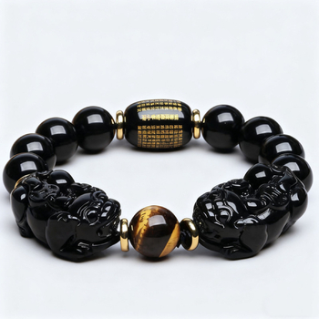 Prirodni zlatni obsidijan Pixiu narukvica s Buddha perlama, cilindrične perle s natpisima i tigrovim okom, unisex