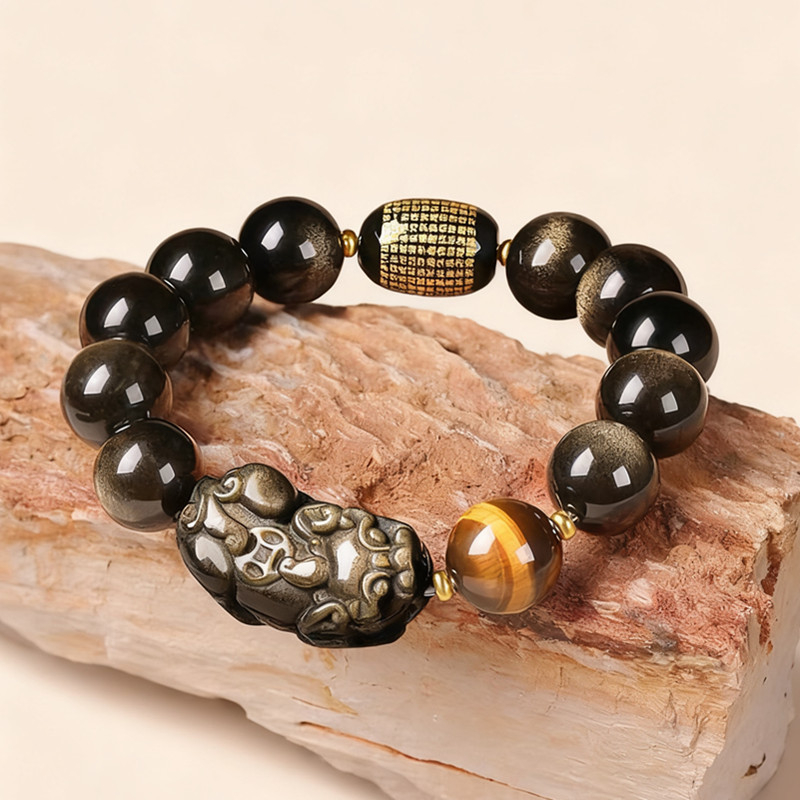 Prirodni zlatni obsidijan Pixiu narukvica s Buddha perlama, cilindrične perle s natpisima i tigrovim okom, unisex