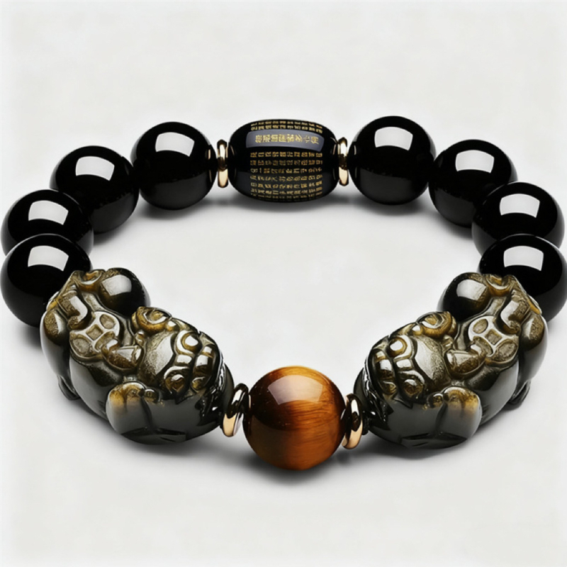 Prirodni zlatni obsidijan Pixiu narukvica s Buddha perlama, cilindrične perle s natpisima i tigrovim okom, unisex
