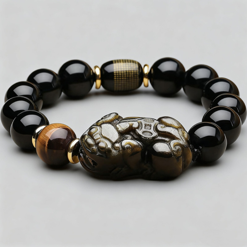 Prirodni zlatni obsidijan Pixiu narukvica s Buddha perlama, cilindrične perle s natpisima i tigrovim okom, unisex