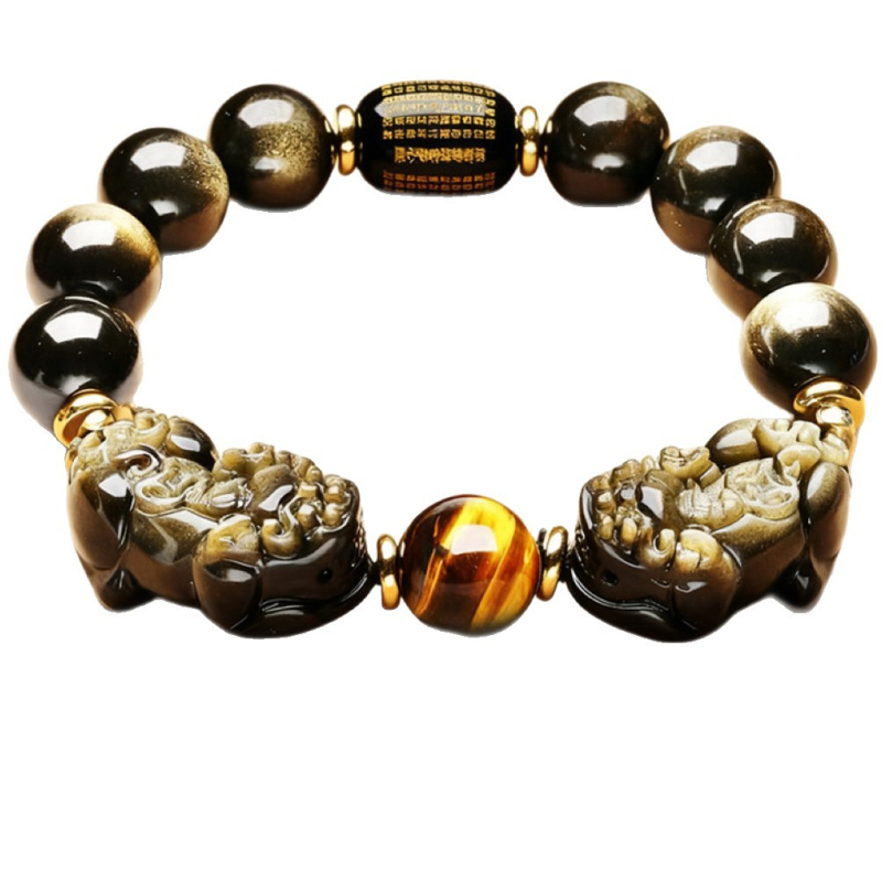 Prirodni zlatni obsidijan Pixiu narukvica s Buddha perlama, cilindrične perle s natpisima i tigrovim okom, unisex