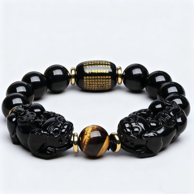 Prirodni zlatni obsidijan Pixiu narukvica s Buddha perlama, cilindrične perle s natpisima i tigrovim okom, unisex