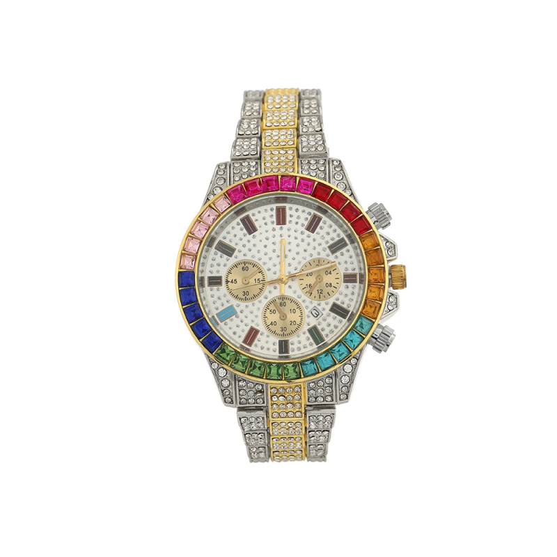 Γυναικείο ρολόι quartz με ατσάλινο μπρασελέ, διακοσμητικά διαμάντια, ημερολόγιο, σχέδιο «αστρικό ουρανό», πλήρες διαμαντένιο, καντράν με τρία μάτια