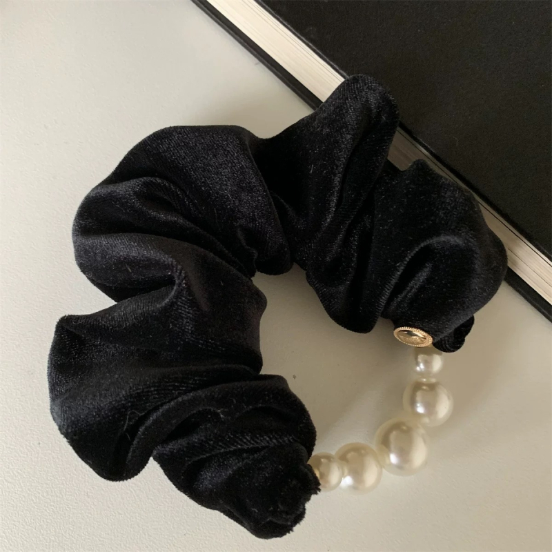 Scrunchie od velura s perlama, korejski stil princeze, luksuzan dojam, pogodna za niski čvor, elegantan dodatak za kosu