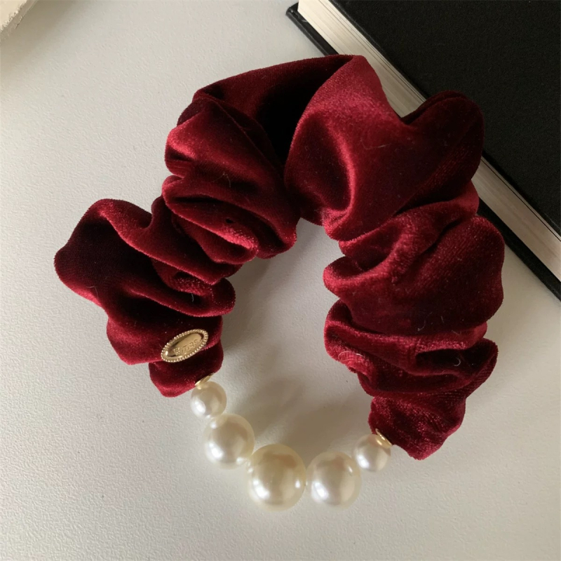 Scrunchie od velura s perlama, korejski stil princeze, luksuzan dojam, pogodna za niski čvor, elegantan dodatak za kosu