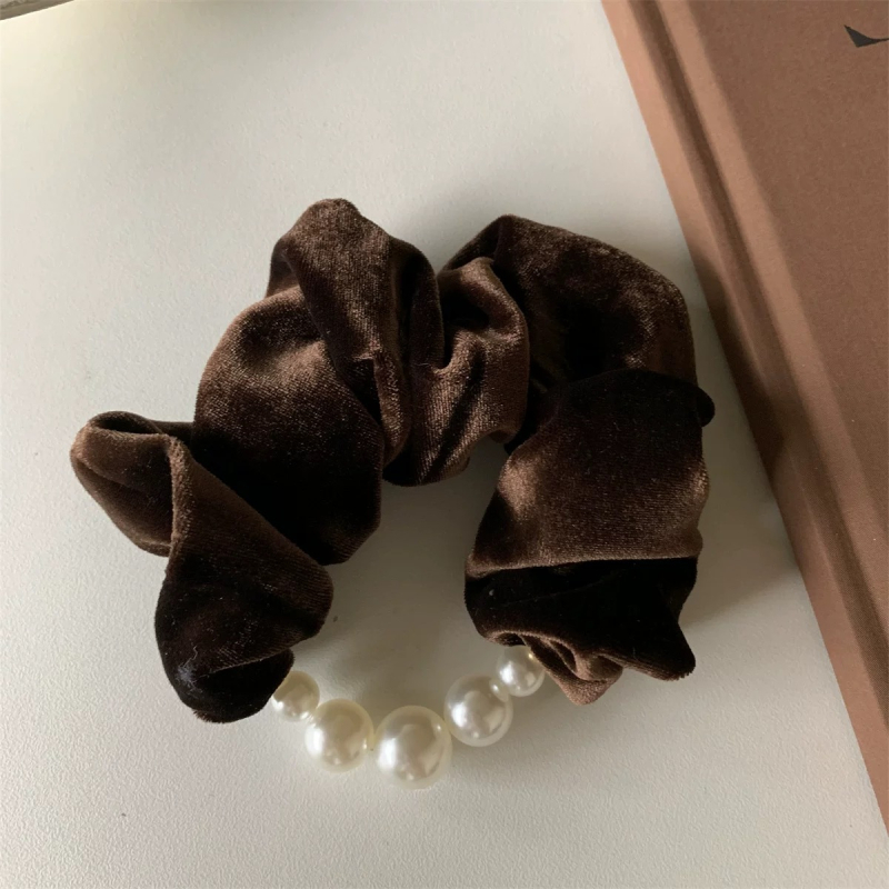 Scrunchie od velura s perlama, korejski stil princeze, luksuzan dojam, pogodna za niski čvor, elegantan dodatak za kosu