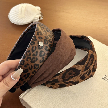 Široka traka za kosu s leopard uzorkom za žene, korejskog stila s visokom krunom, retro