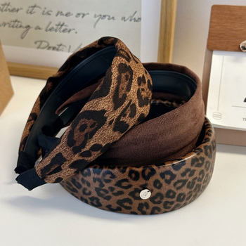 Široka traka za kosu s leopard uzorkom za žene, korejskog stila s visokom krunom, retro