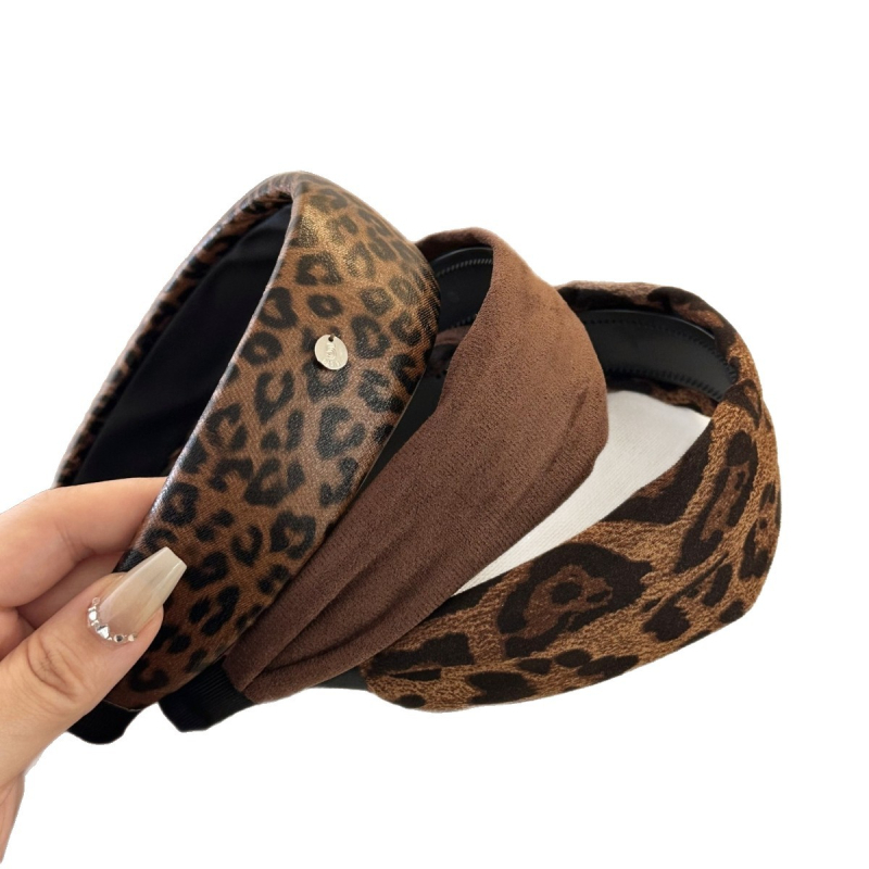 Široka traka za kosu s leopard uzorkom za žene, korejskog stila s visokom krunom, retro